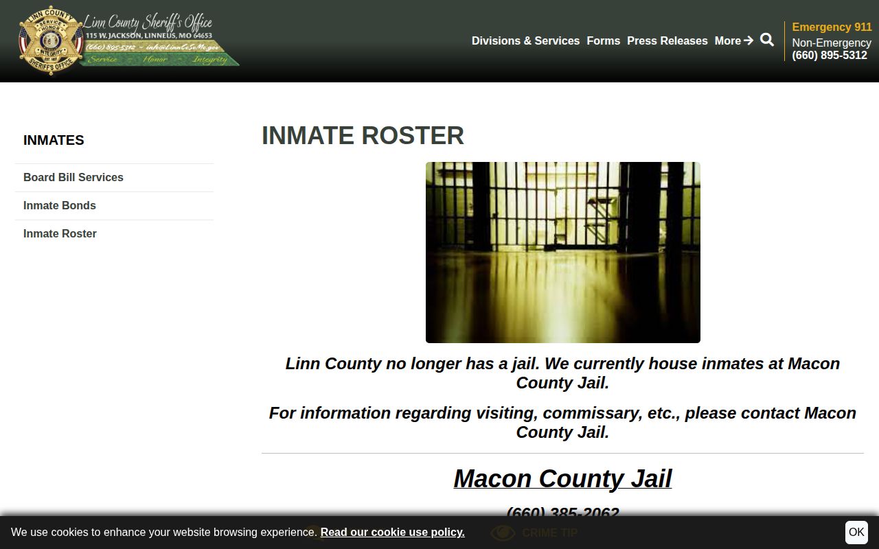 Linn County booking roster information page explaining Macon County Jail custody