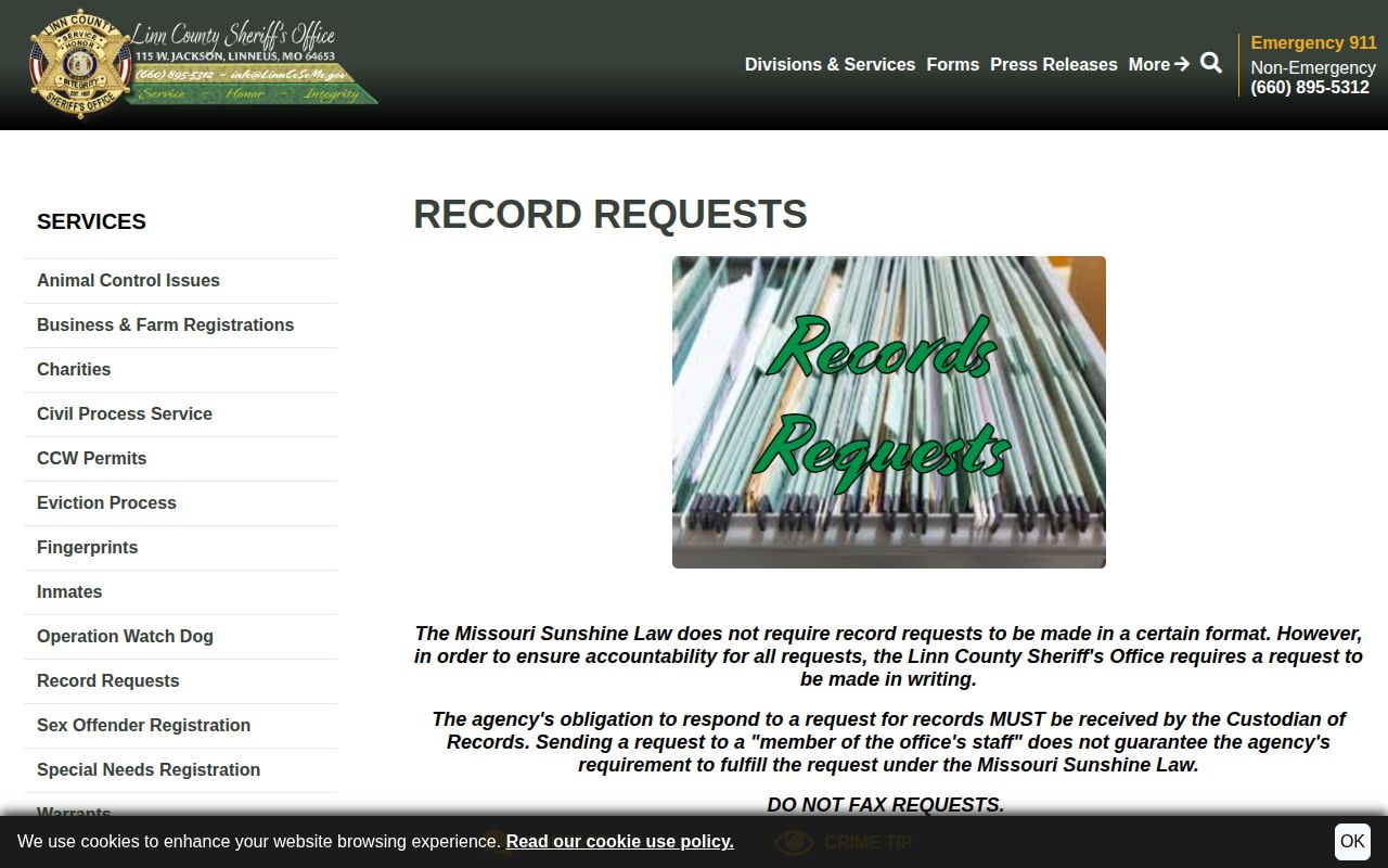 Linn County booking record request instructions from the Sheriff’s Office