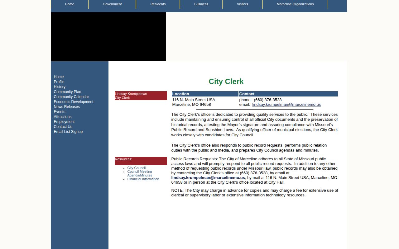 Marceline city clerk source page for arrest record and booking-photo requests